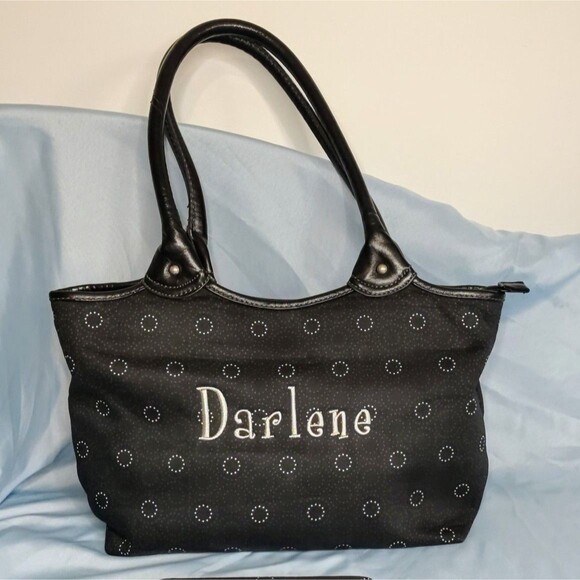 Thirty-One Tote Bag Purse Black White Dot Print Personalized Darlene Embroidery - Picture 1 of 10